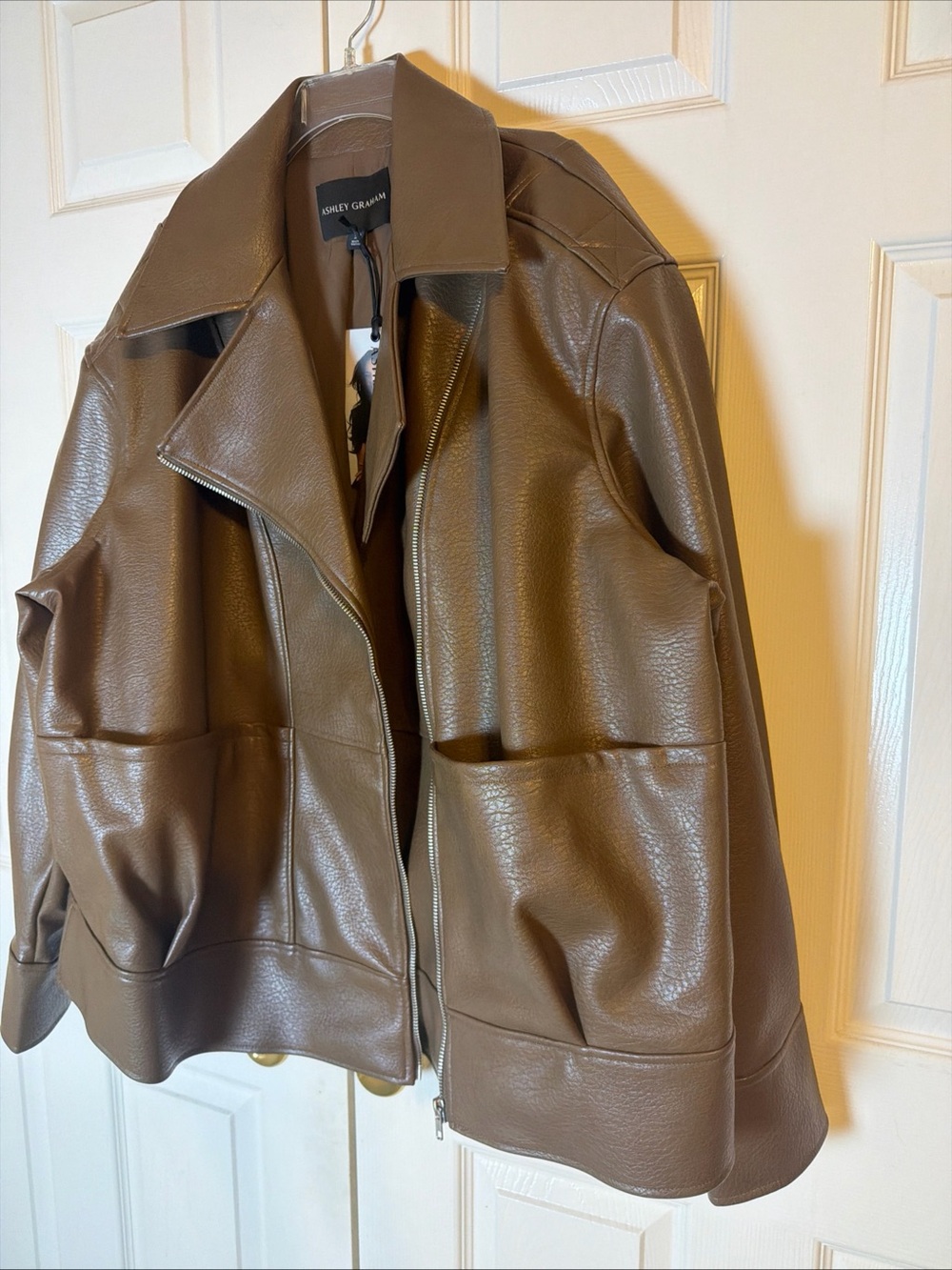 Ashley Graham Brown Faux Leather Moto Jacket Womens 2X Asymmetric Zip $240 NWT - Picture 3 of 14